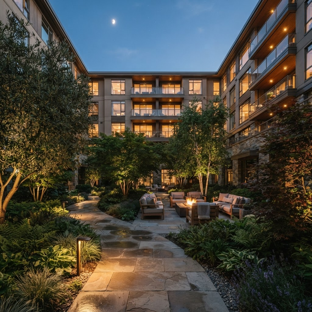 Landscaped interior courtyard concept at dusk