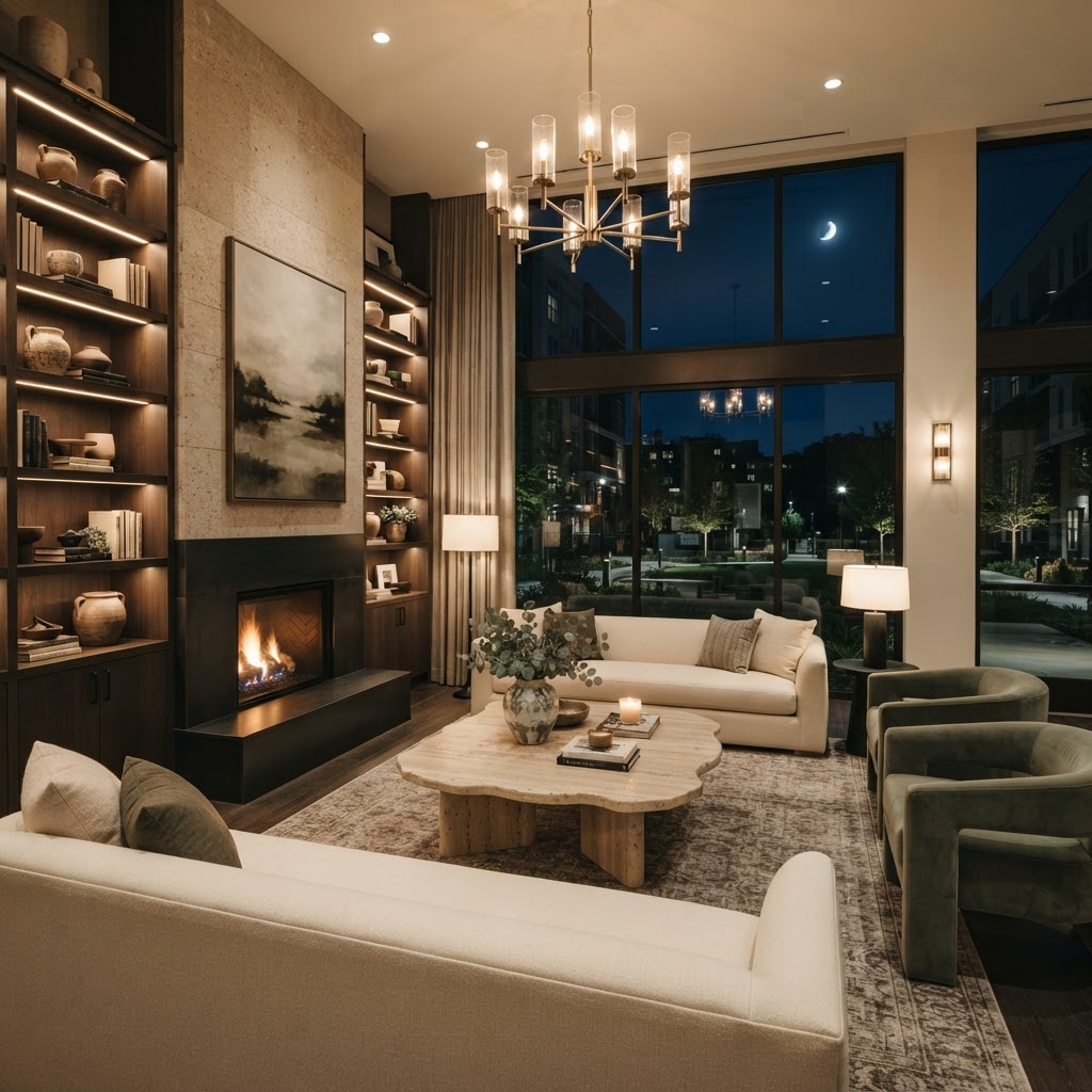Resident lounge concept with fireplace