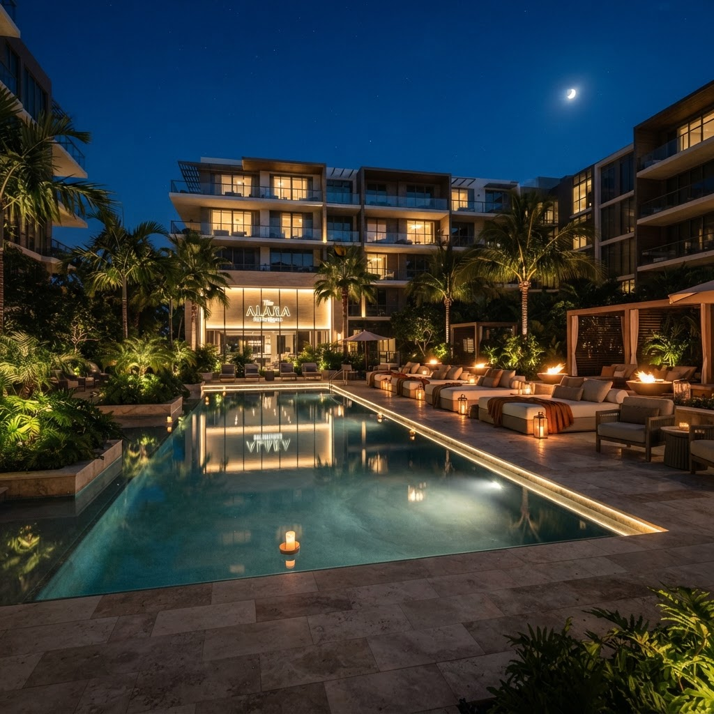 Resort-style pool and outdoor lounge concept at night
