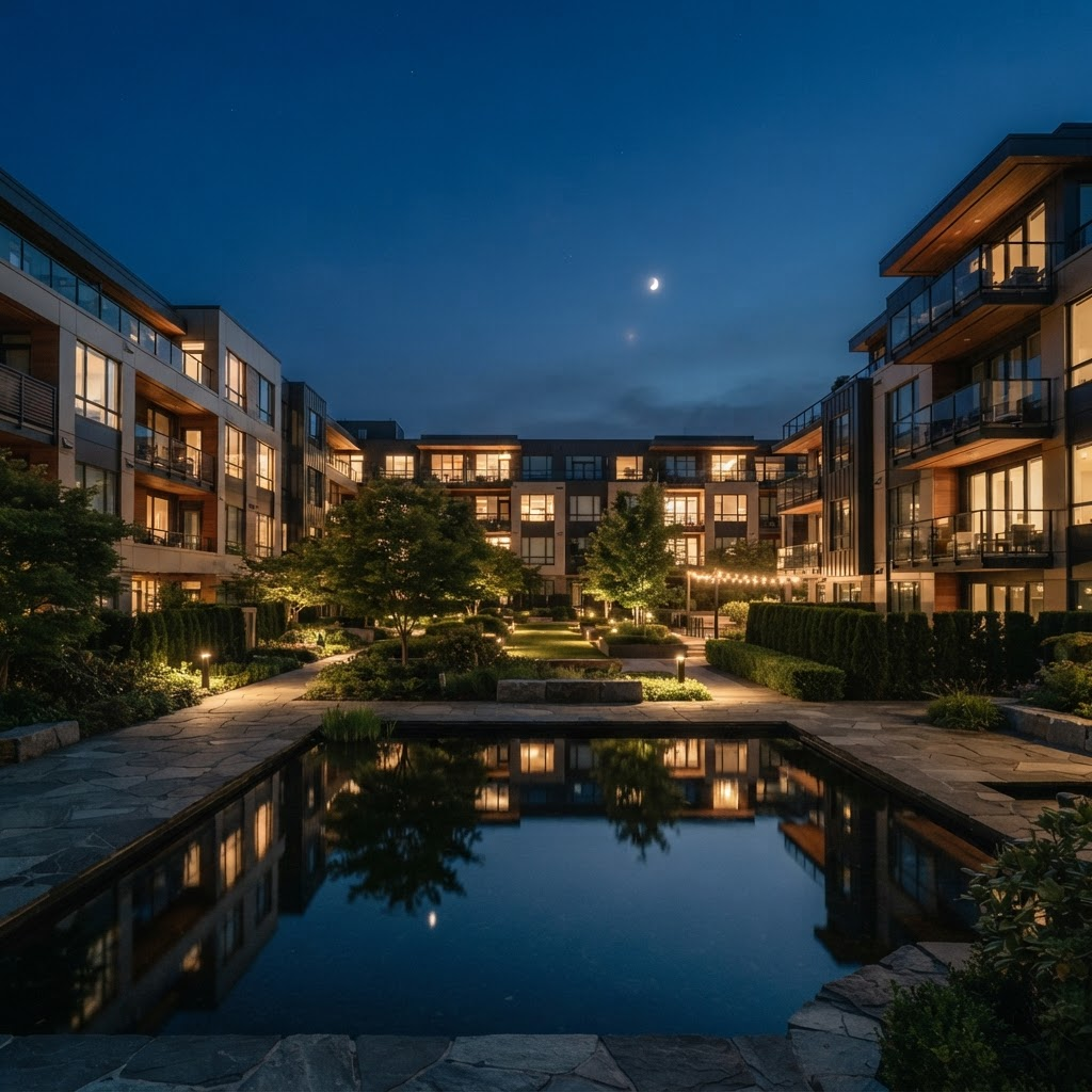 Luna at Viera apartment community at evening under soft moonlight