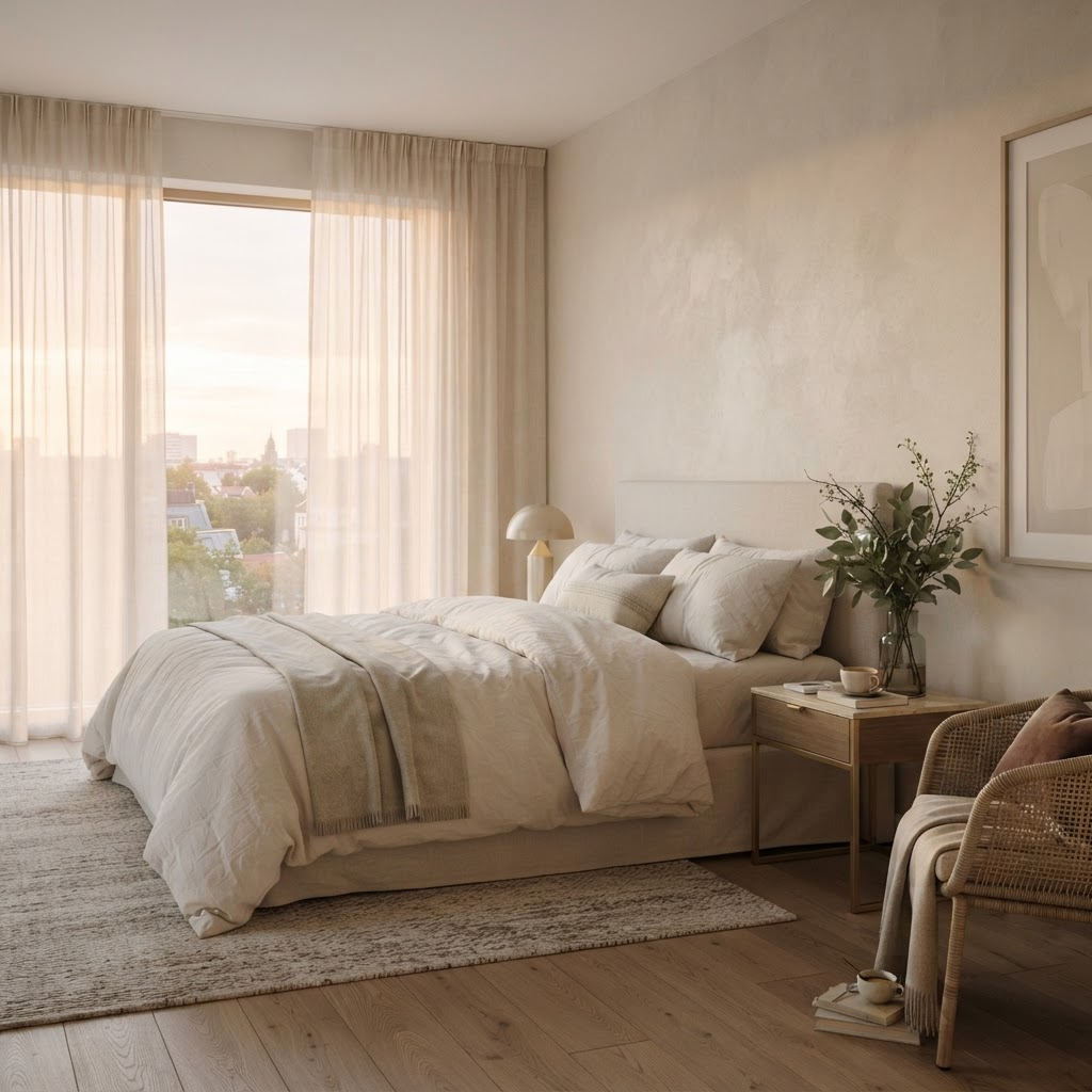 Upscale bedroom in soft morning light