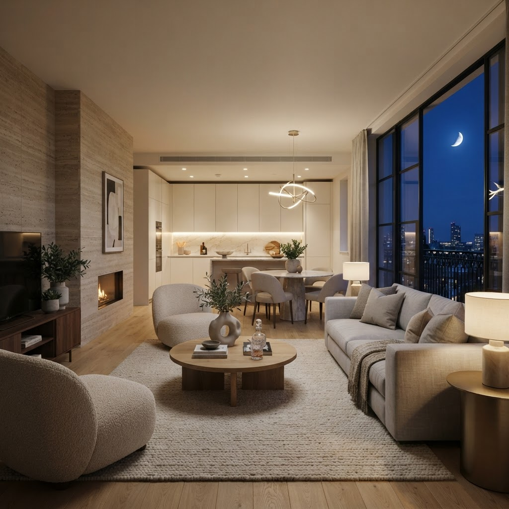 Open plan one-bedroom residence living area