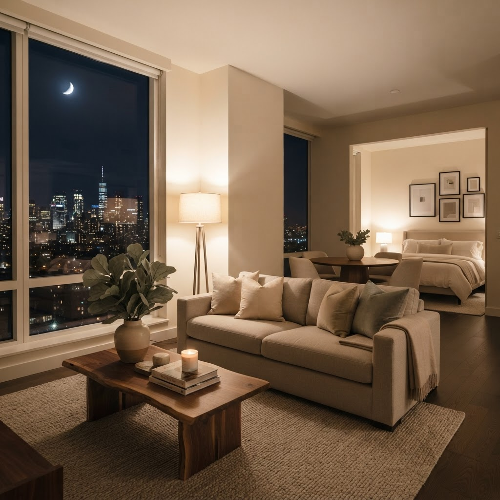 Interior of an upscale studio residence at evening