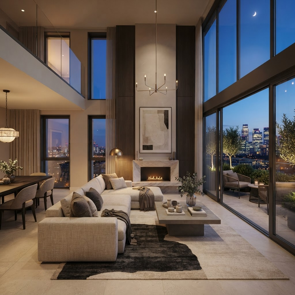 Three-bedroom residence living space with balcony