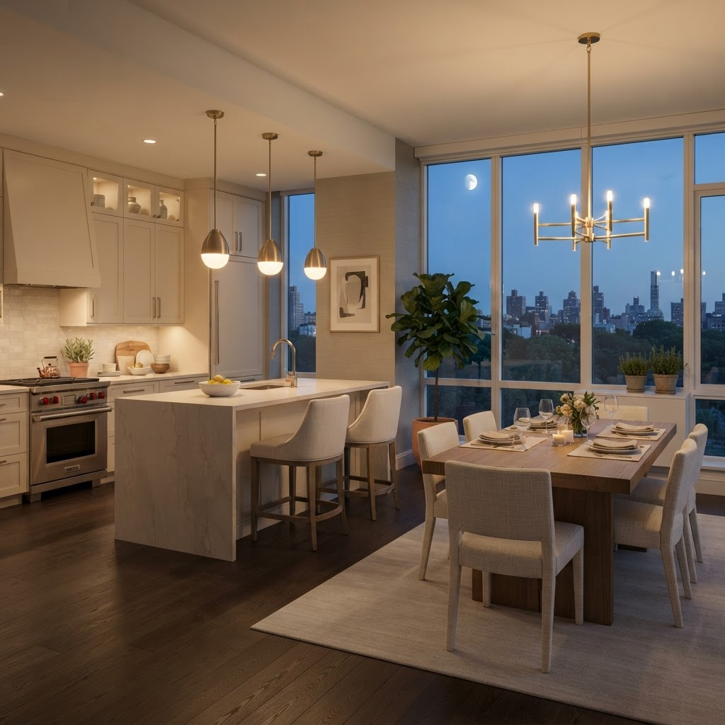Two-bedroom residence open kitchen and dining area