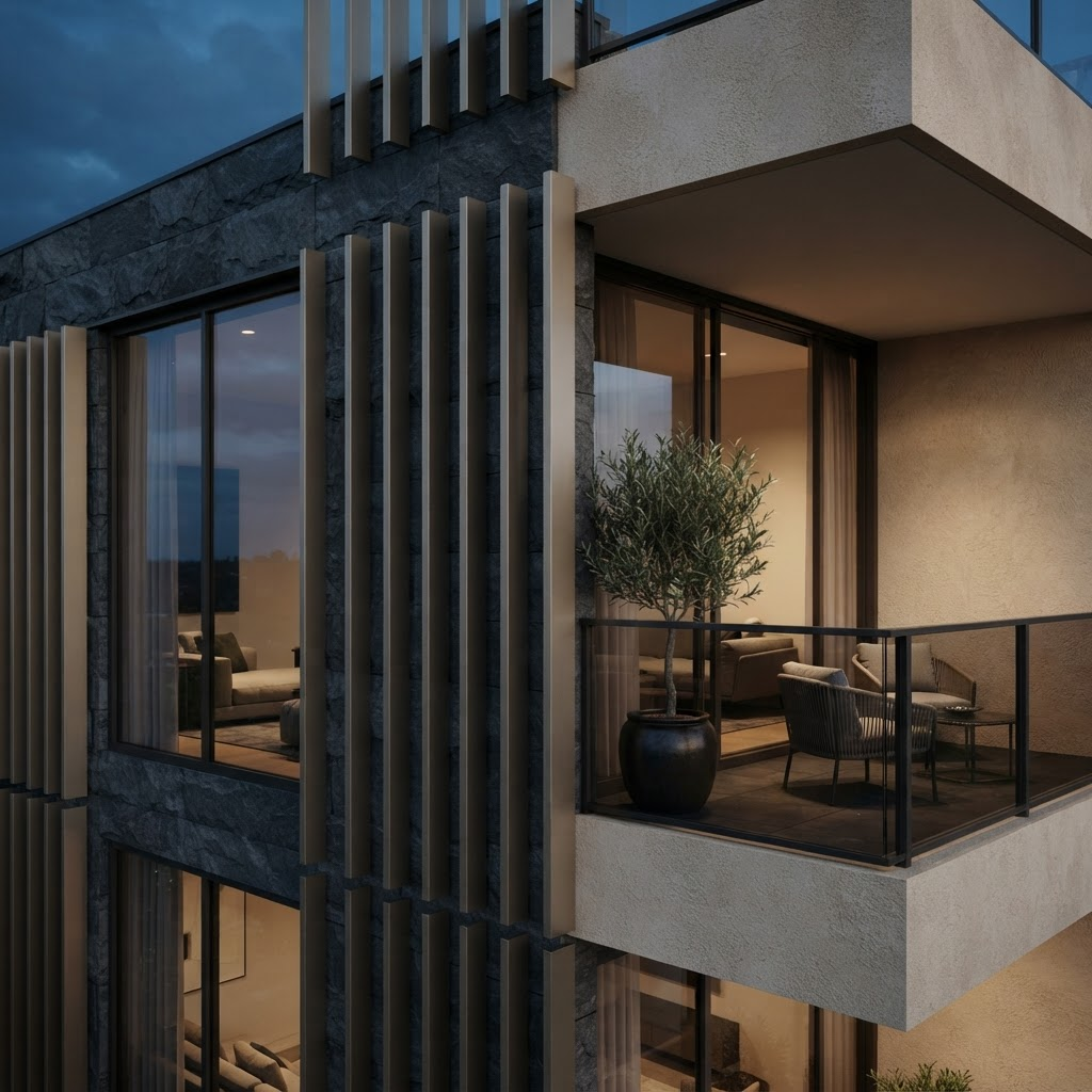 Architectural facade detail of the Luna at Viera community at twilight